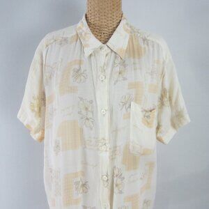 Vtg Lauren Brooke Women L Yellow Floral Botanical SS Shirt Rayon Cottagecore